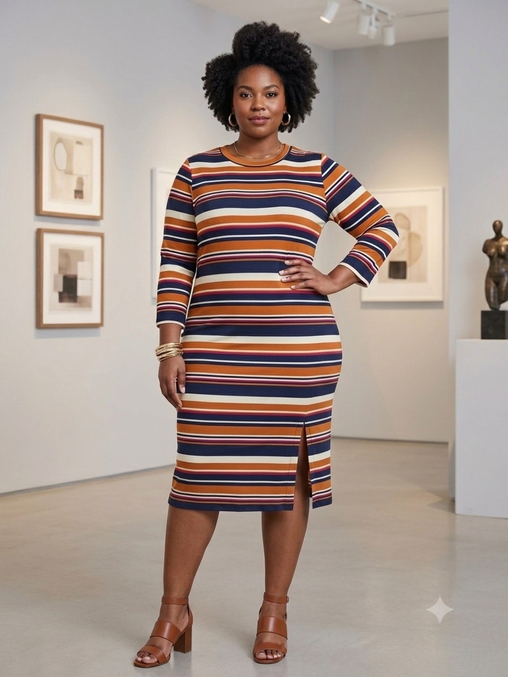 Monteau Striped Midi Dress in Navy, Mustard & Cream
